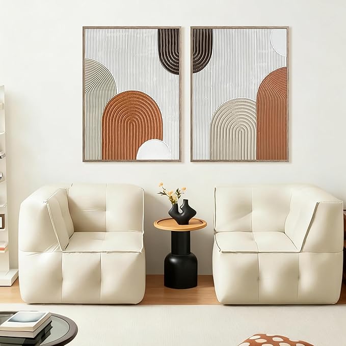 Set of 2 Textured Abstract Line Art Prints – Modern Minimalist Geometric Wall Art in Beige, Brown & Cream Tones, Framed Contemporary Canvas Décor for Living Room, Bedroom, or Office