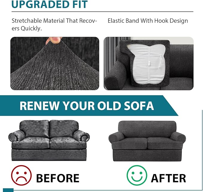 T Cushion Loveseat Slipcover 3 Pieces Sofa Covers for T Cushion Sofa Stretch Slip Covers for 2 Cushion Couch with 2 Individual T Shape Seat Covers (Dark Gray, 2 Cushion)