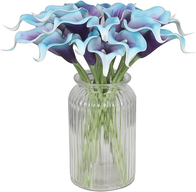 Duovlo 20pcs Calla Lily Bridal Wedding Bouquet Lataex Real Touch Artificial Flower Home Party Decor (Purple in Blue)