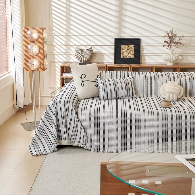 ROOMLIFE Thicked Striped Boho Black &Gray Couch Cover for 2-3 Cushion Sofa, Chenille Sofa Slipcovers Sectional Sofas Covers for Dog, Non Slip Washable Furniture Protector Soft with Tassel 71''X150''