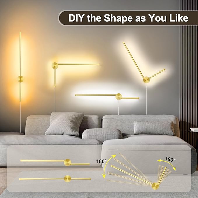 Wall Sconces Set of Two with Remote, Stepless Colors 3000K-6500K & Stepless Dimming, Hardwire or Plug-in, 180° Rotate, LED Gold Plug in Wall Sconces with Timer & Night Light, 23.6 Inches