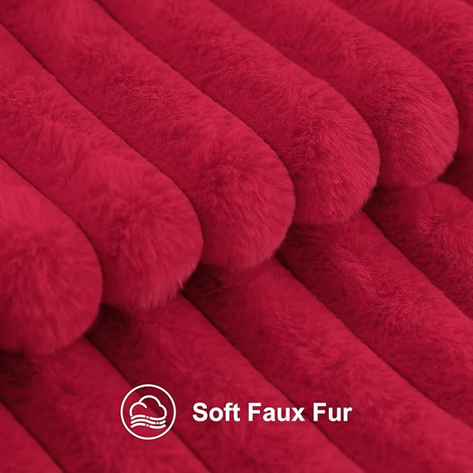 decorUhome Faux Fur Christmas Throw Pillow Covers 20x20 Set of 2, Decorative Soft Plush Striped Neutral Couch Euro Pillow Covers with Velvet Back for Sofa, Bed, Living Room Home Decor, Red