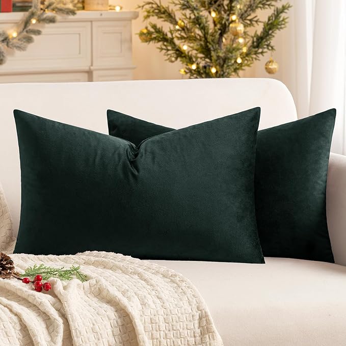 MIULEE Pack of 2 Velvet Soft Solid Christmas Decorative Lumbar Rectangle Throw Pillow Covers Cushion Case Home Decor for Couch Sofa Bedroom Car 12x20 Inch Army Green