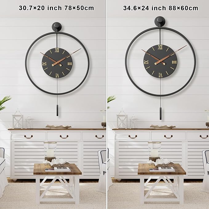 34.6×24 Inch Large Modern Decorative Oversized Pendulum Wall Clocks for Living Room,Big Minimalist Metal 3D Roman Numeral Dial,Classical Wall Clock With Walnut Pointers for Entryway,Dining Room Decor