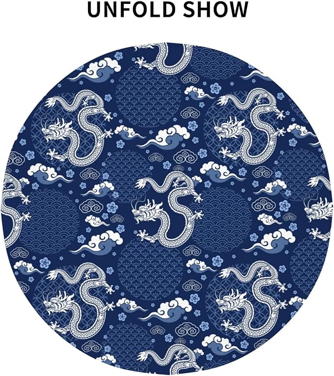 Japanese Tablecloth Round, Blue Traditional Zodiac Dragon Vintage Asian Style Oriental Water Resisitant Table Cover for Dining Kitchen Living Room Home Party Holiday Decor 36 inch Round