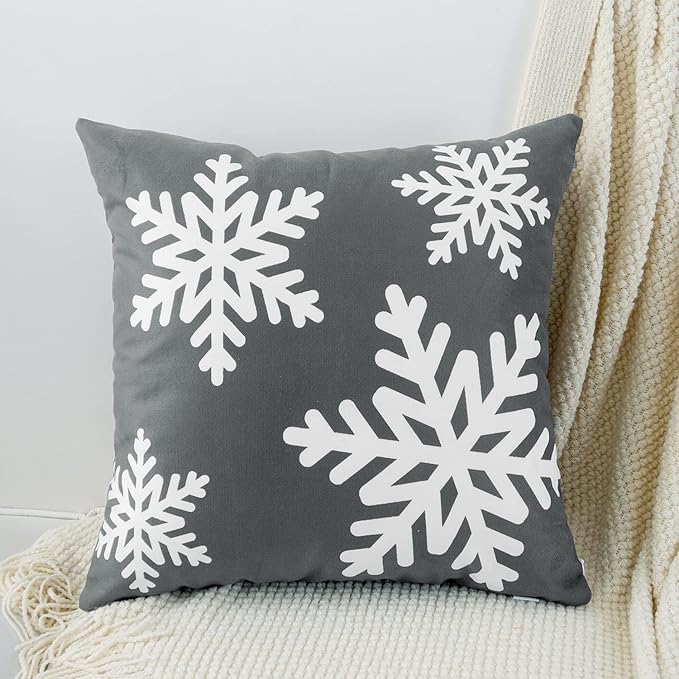 HWY 50 Grey Gray Decorative Throw Pillow Covers 16x16 Inch for Couch Sofa Living Room Bed, Soft Square Throw Pillows Cases Cushion Cover with Christmas Snowflakes Print Pack of 2
