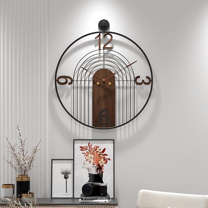Modern Large Walnut Dial Wall Clock, Wood Metal Frame Silent Non Ticking Wall Clocks Decoration for Living Room, Bedroom, Kitchen, Study, Handmade Home Decor Present Idea, 29.5 Inch