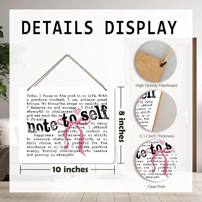 Udinaz Mental Health Inspirational Hanging Sign, Positive Affirmations Wall Decor, Note to Self Coquette Pink Bow Hanging Wood Plaque Decor for Therapy Office Girly Bedroom Wall Door Decorations