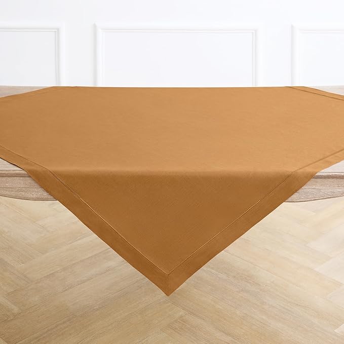 Solino Home Square Linen Tablecloth 52 x 52 Inch - 100% Pure Linen Brown Sugar Table Throw - Classic Hemstitch, Machine Washable Table Cloth for Fall, Autumn, Thanksgiving