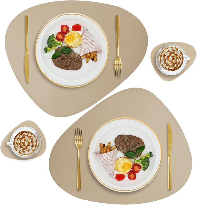 Faux Leather Placemats Set of 2 and Coasters, Heat Resistant Placemats for Dining Table, Waterproof Wipeable Washable Dinner Table Mats, Easy to Clean Kitchen Place Mats Romantic Golden