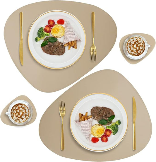 Faux Leather Placemats Set of 2 and Coasters, Heat Resistant Placemats for Dining Table, Waterproof Wipeable Washable Dinner Table Mats, Easy to Clean Kitchen Place Mats Romantic Golden