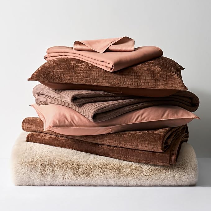 EverGrace Velvet Quilt Set King Size, Luxurious Soft Quilted Bedding Sets, Lightweight Velvet Comforter for All Season, Striped Channel Bedspread Coverlet with 2 Shams, Red Rust Brown