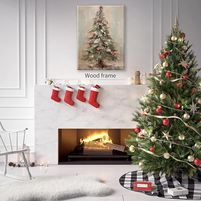 Winter Christmas Tree Wall Art Vintage Nature Botanical Pine Poster 16x24 inch Framed Forest Cottagecore Canvas Painting Prints for Living Room Office Wall Decor