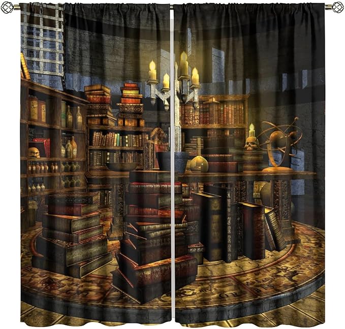 Gothic Mid Century Blackout Curtains, Library Medieval Vintage Wooden Bookshelves Candles Skull Window Drapes, for Living Room Bedroom 27.5(W)*63(L) 2 Panels