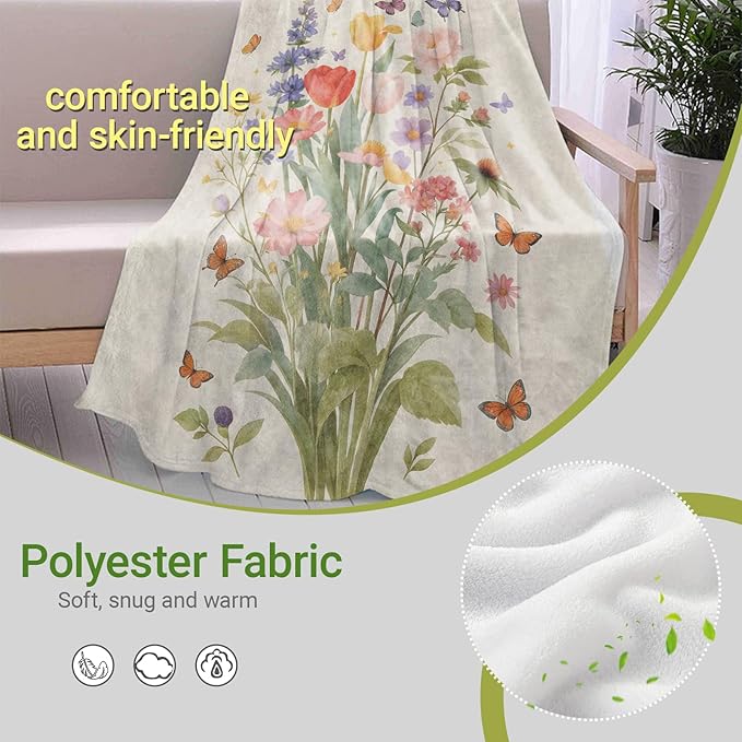 Elegant Wildflower Flannel Throw Blanket, 40"x50", Colorful Bouquet, Soft Warm Lightweight Blankets, Machine Washable, Women Girls Gifts, Outdoor Indoor Travel Hiking Nap Throw, Home Decorate