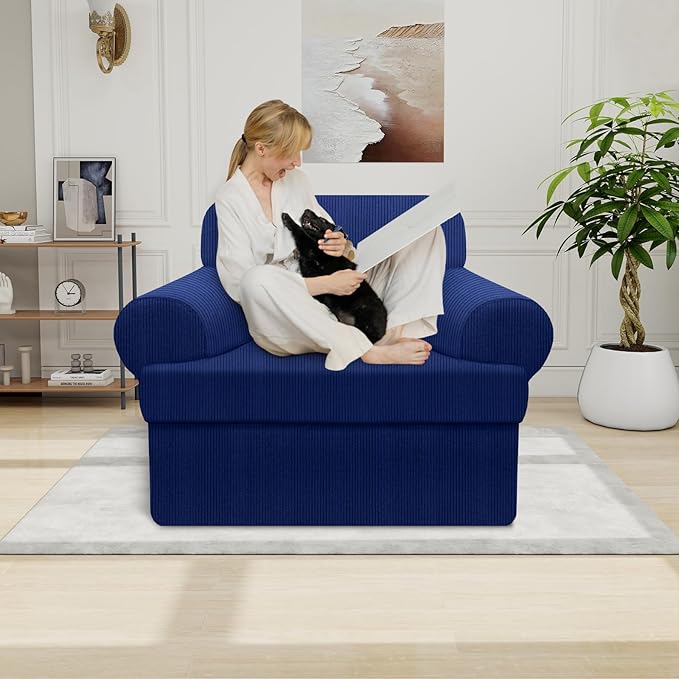 Waterproof Chair Cover with Arms 2-Piece Set Striped Slipcover for 1 Separate T Cushion Couch - TPU Fabric Armchair Covers Leakproof Couch Protector for Kids, Pets(Chair, Navy)