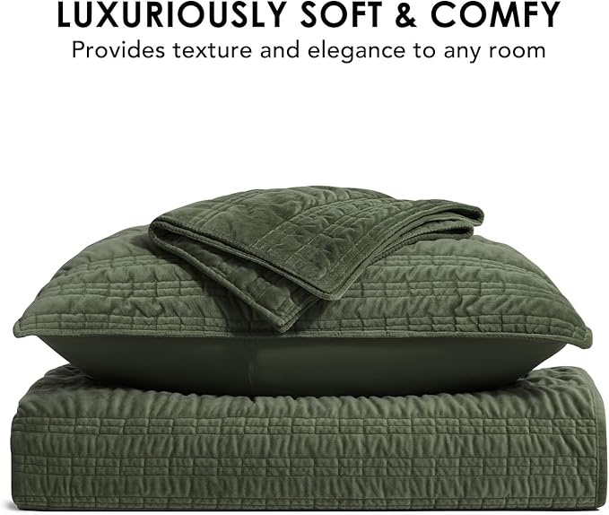 EverGrace Velvet Quilt King Size, Luxury Velvet Bedding Set, Ultra Soft Ruched Quilt Sets, Lightweight Comforter Vintage Textured Bedspread Coverlet with 2 Shams for All Season, Olive Green