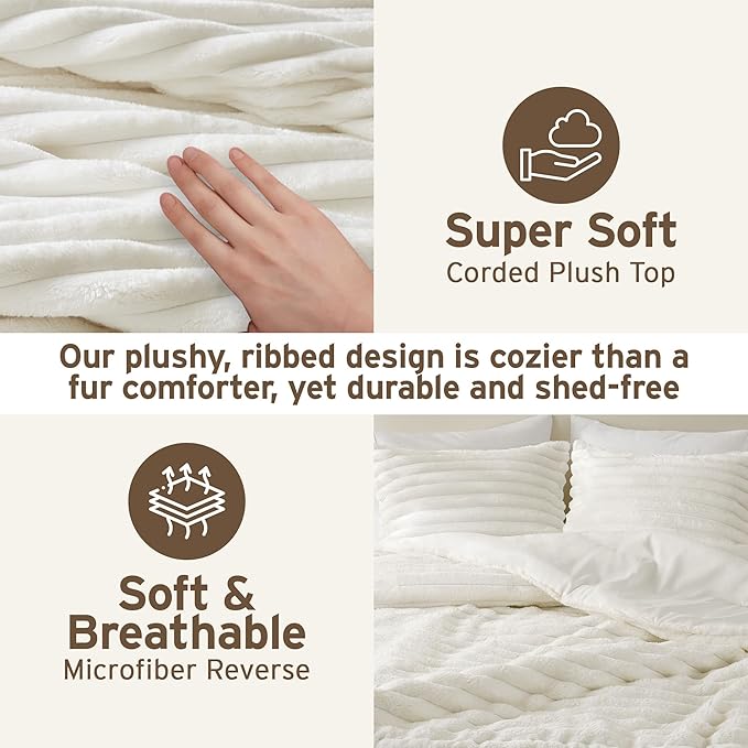 Intelligent Design King Comforter Set, Plush Bedding, Microfiber Reverse, 3 Piece, Lightweight, Super Soft Ribbed Velvet Comforter 2 Shams, All Season Fluffy Bed Set, Avril, King/Cal King Ivory