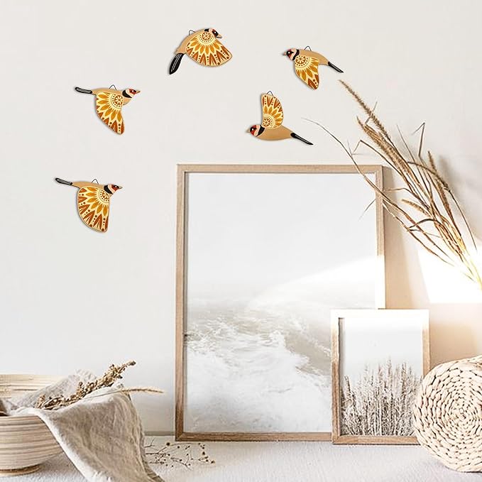 Vumyhuby 5 Pcs Yellow Wooden Bird Wall Art | Rustic Folk Art Wall Decor for Indoor Use | Handcrafted Wood Flying Birds Wall Hangings for Living Room, Bedroom, Kitchen, Office | Scandinavian Home Decor Gift