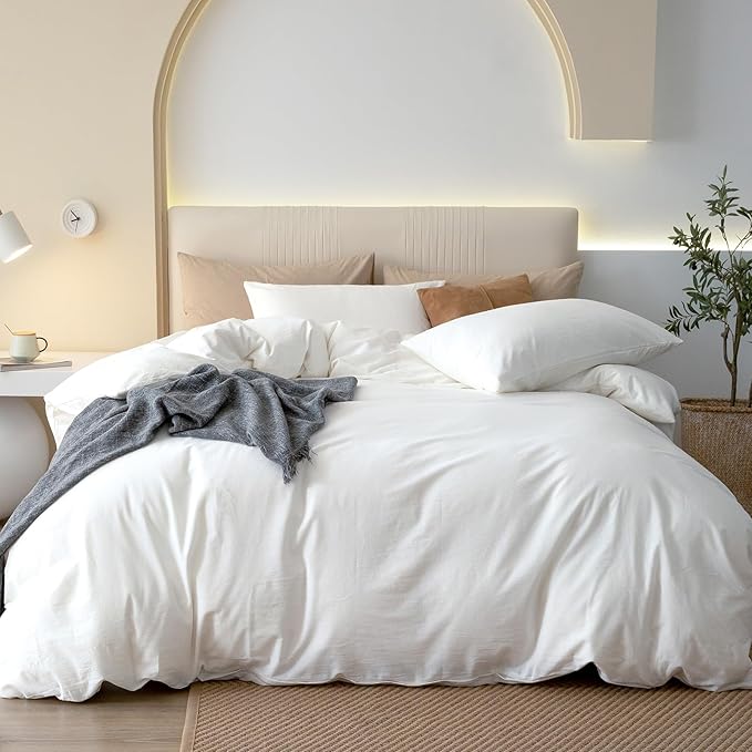 JIYUAN 100% Washed Cotton Duvet Cover Set 3 Pieces King, 1 Duvet Cover 104x90 Inches(Comforter Not Included) and 2 Pillowcases,Linen Feel Bedding Set Comfy and Breathable,Bright White
