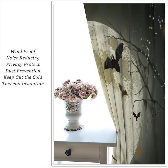Gothic Halloween Full Moon Blackout Curtains, Gothic Halloween Night Black Bat Crow Print Window Drapes, for Kids Boys Bedroom Living Room 21(W)*54(L) 2 Panels