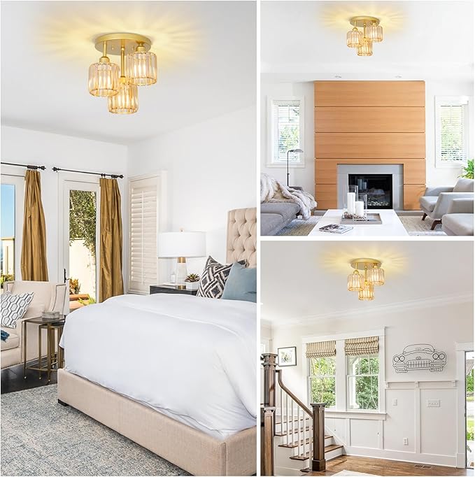 Semi Flush Mount Ceiling Light,3-Light Crystal Close to Ceiling Light Fixtures,Kitchen Light Fixture with Amber Crystal Shades,Hallway Light Fixtures for Kitchen Entryway Bedroom Bathroom