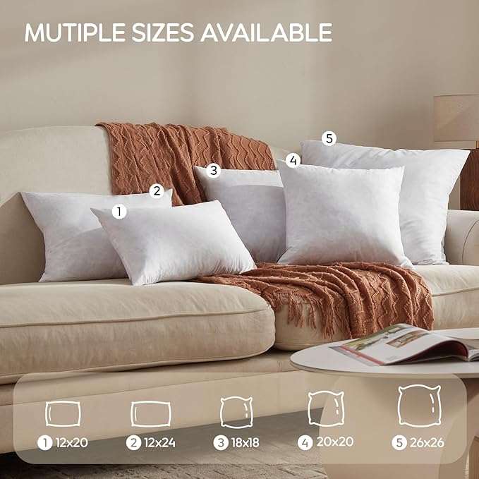 Feather Throw Pillow Insert, Soft Fluffy Square 24 x 24 Inches Decorative Pillow Insert, Feather and Down Filled Euro Pillows for Bed, Couch and Cushion