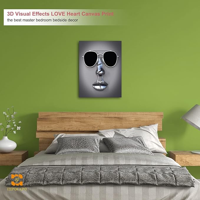 3D Metal Effect Wall Art - 3D Wall Art Decor Artwork Wear Sunglasses Siliver Figure Statue Modern Art Canvas Painting, Large Wall Art for Bedroom Dercor Framed 18”x24”x1Pcs