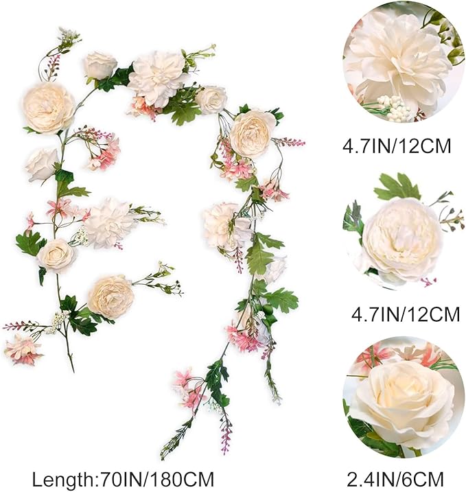 Peony Flower Garland, Artificial Flowers, 70in/180cm Length, Center Flower Decoration, Faux Flowers Garland for Wedding Decor Home Table Runner Mantle Party Decor (Champagne Peony Garland)