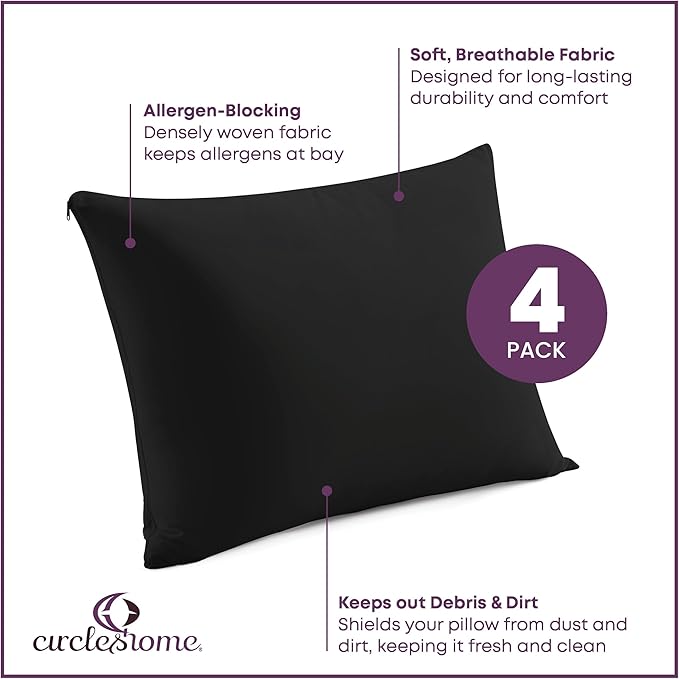 CirclesHome Pillow Protectors 4 Pack Standard Zippered - 100% Cotton Breathable Pillowcases - Protects Pillows from Dirt, Dust and Debris (Standard - Set of 4 - 20x26)