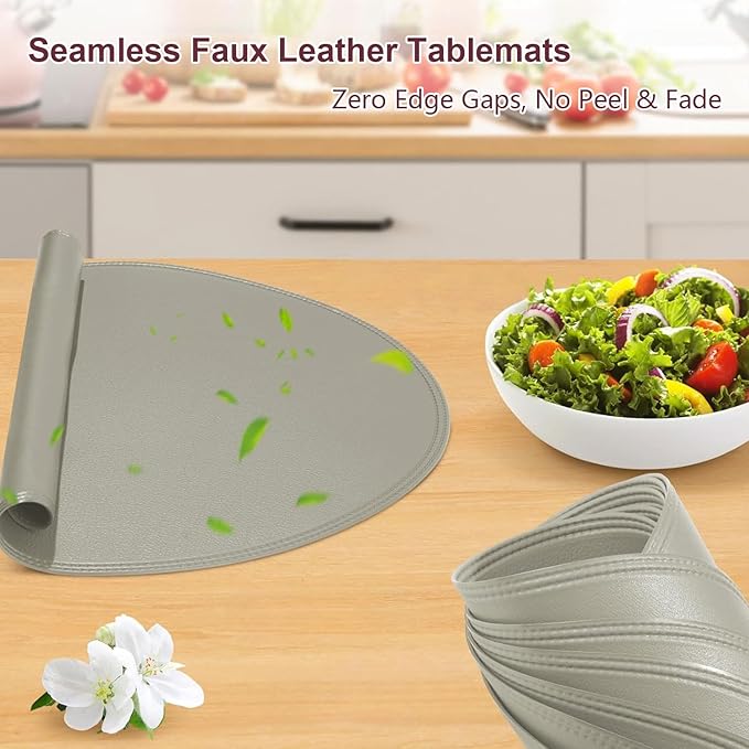 Round Vinyl Gray Placemats Set of 6, Faux Leather Waterproof Wipeable Heat Resistant Place Mats, Washable Table Mats for Halloween, Thanksgiving & Christmas Dinner(Gray)