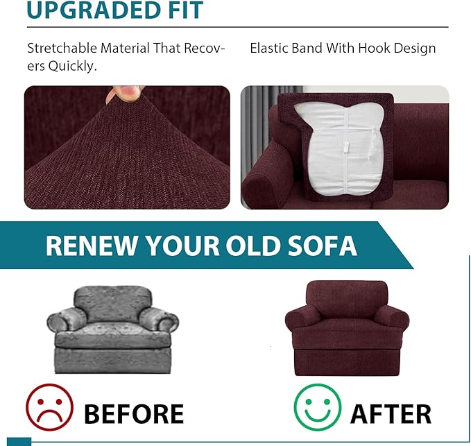 2 Pieces T Cushion Chair Covers with Arms Super Stretch Chair Slipcover for Living Room Pet Dog Universal Slip Cover Anti Slip Armchair Furniture Protector (Burgundy, 1 Cushion)