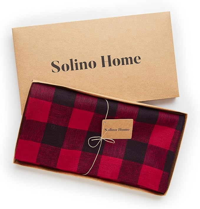 Solino Home Linen Checkered Tablecloth 60 x 90 Inch - 100% Pure Linen Red and Black Buffalo Plaid Table Cloth for Rectangle Tables - Machine Washable Tablecloth for Christmas