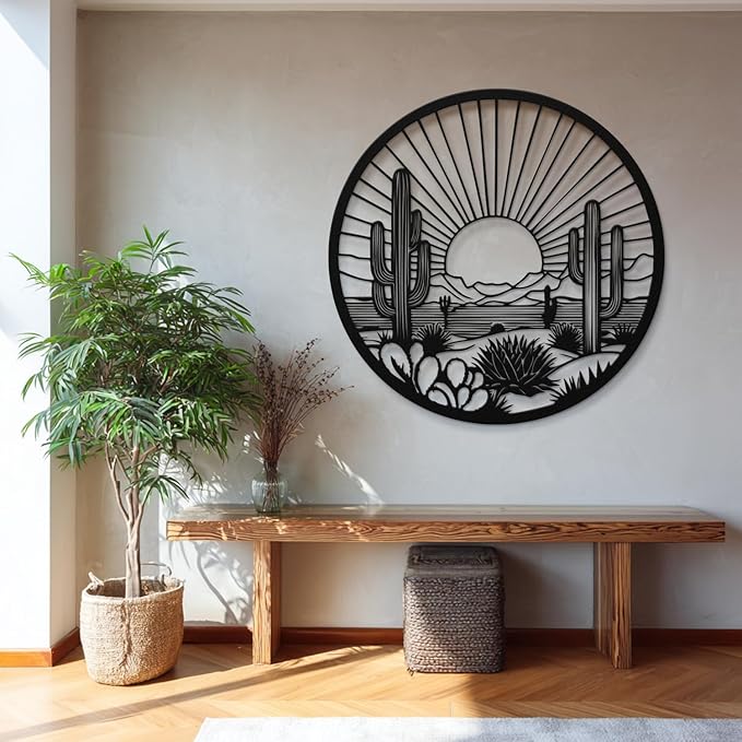 Desert Cactus Metal Wall Art, Round Desert Wall Decor with Cactus and Sunset Design, Metal Wall Art for Living Room Bedroom Entryway, Western Outdoor Cactus Decor (White, 28" x 28" / 70 x 70 cm)