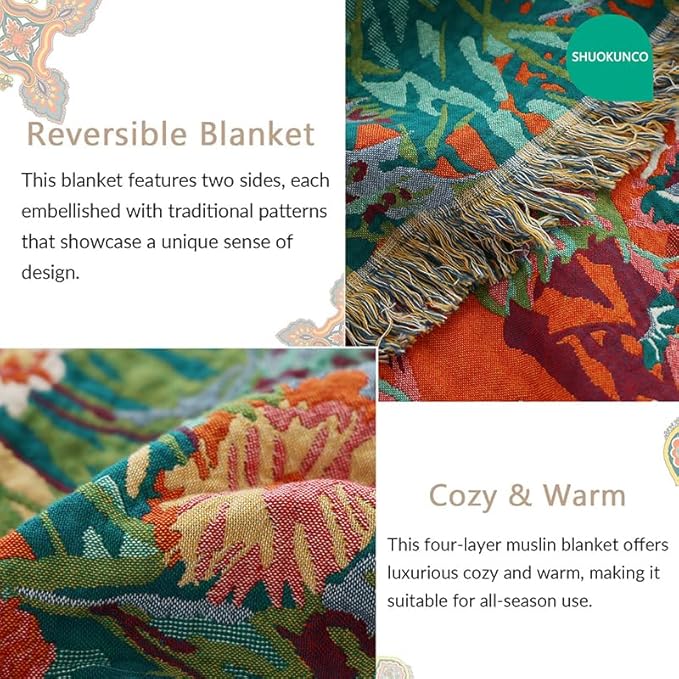 Boho Throw Blanket for Bed 100% Cotton Ultra Soft Rustic Quilt Floral Printed Farmhouse Decor Fall Bed Blankets,80"×90" All Season Rustic Large Throw for Sofa Couch Chair