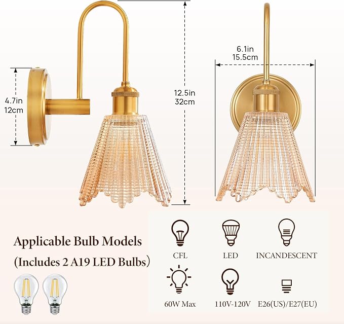 Wall Sconce Set of 2, Gold Vintage Light Fixtures with Long Amber Glass Lampshade, Hardwired Sconces Wall Lighting for Bedroom, Bathroom, Living Room | Includes 2 LED Bulbs
