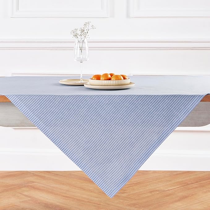 Solino Home Linen Square Tablecloth 52 x 52 Inch - Narrow Stripe, 100% Pure Linen Cornflower Blue and White Table Throw - Machine Washable Tablecloth