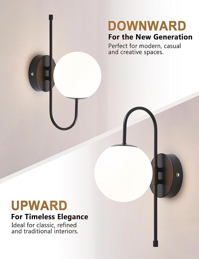 Battery Operated Globe Wall Sconces Set of 2, Wireless Black Wall Lights with Remote Control, Rechargeable 3 Color Stepless Dimming Gooseneck Wall Decor Lamp for Bedroom Living Room Hallway