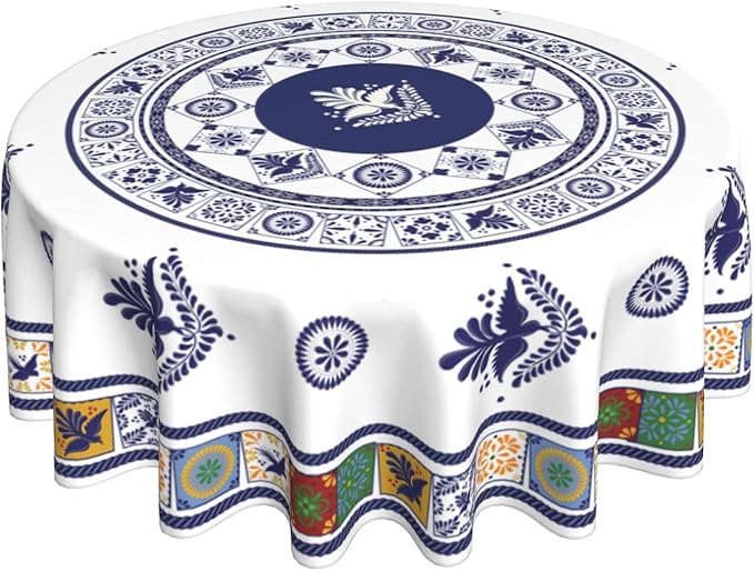 Mexican Round Tablecloth, Floral Bird Talavera Ceramic Tile Dia De Los Muertos Azulejo Mosaic Water Resisitant Table Cover for Dining Kitchen Living Room Home Party Holiday Decor 70 inch Round