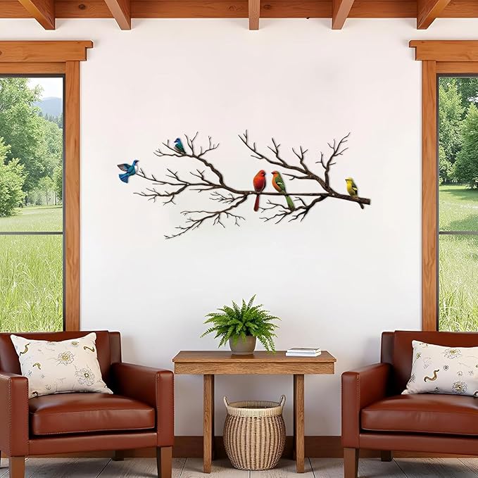 Metal Birds Wall Art, Metal Vivid Birds on Branch Silhouette Wall Decor Black Leaves with Bird Outdoor Hanging Wall Sculpture for Home Balcony Garden (Vintage Color, Small)