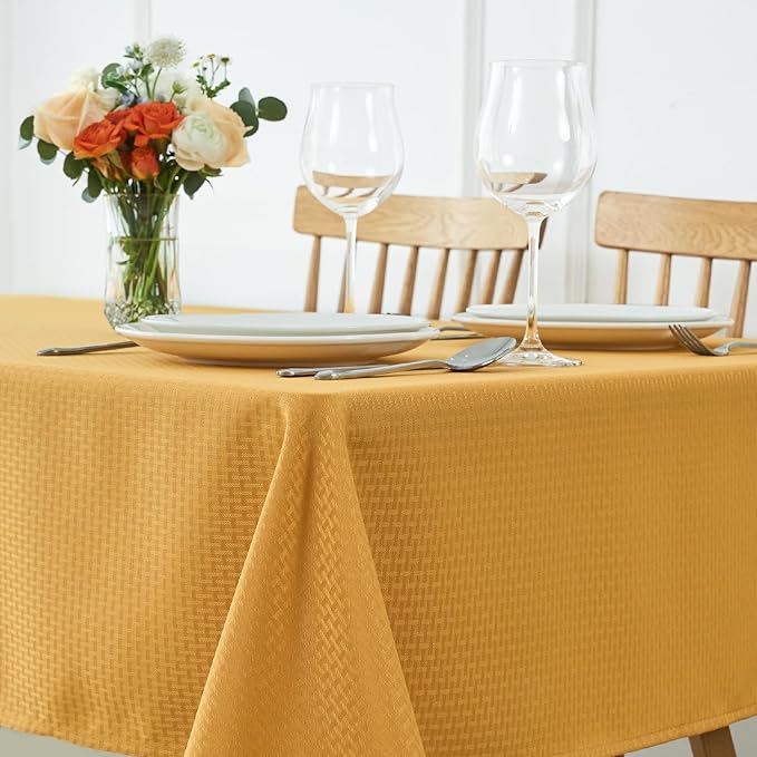 maxmill Tablecloth Weaved Texture Stain Resistant Waterproof, Wrinkle Resistant Washable Table Cloth, Fabric Table Cover for Dining Room, Indoor Outdoor Use, Rectangle 70 x 120 Inch, Ochre Yellow