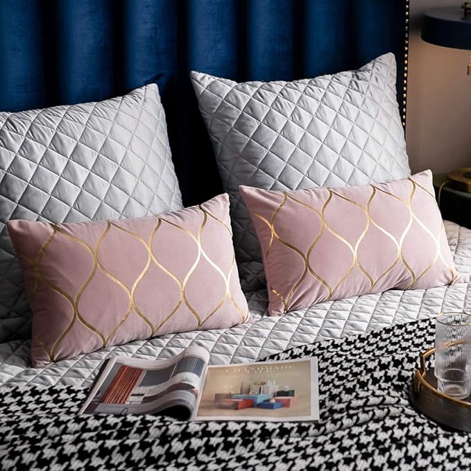 Gold Velvet Throw Pillow Covers: 2 Pack 12x20 Inch Rectangular Decorative Pillow Cases for Bedroom Sofa Couch Living Room, Pink