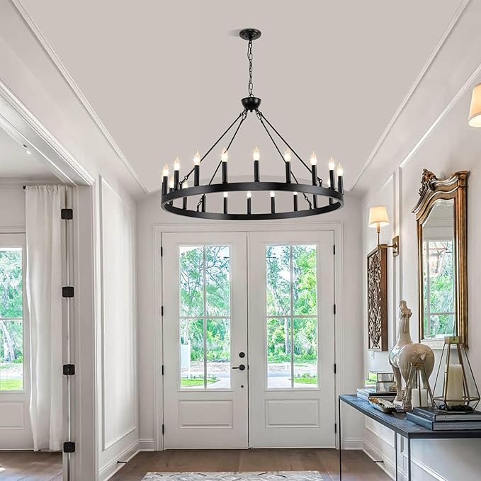Wagon Wheel Chandeliers 40" 20-Light, Black Modern Farmhouse Chandelier with Adjustable Height, Hanging Island Light Fixture for Dining Living Ceiling Room Outdoor