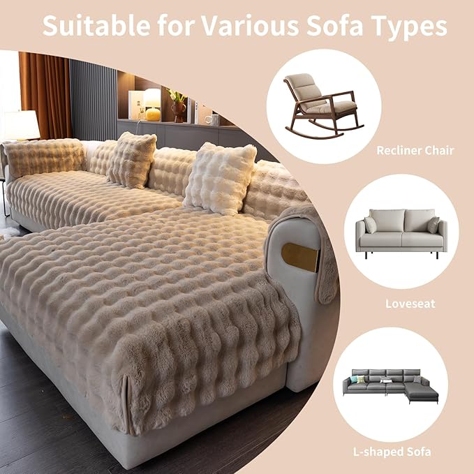 Faux Fur Couch Cover, Soft Warm Plush Sofa Couch Cover, Non Slip Sectional Sofa Slipcovers for L Shaped, Washable Furniture Protector for Kids, Dogs(Khaki, 36"x 83")
