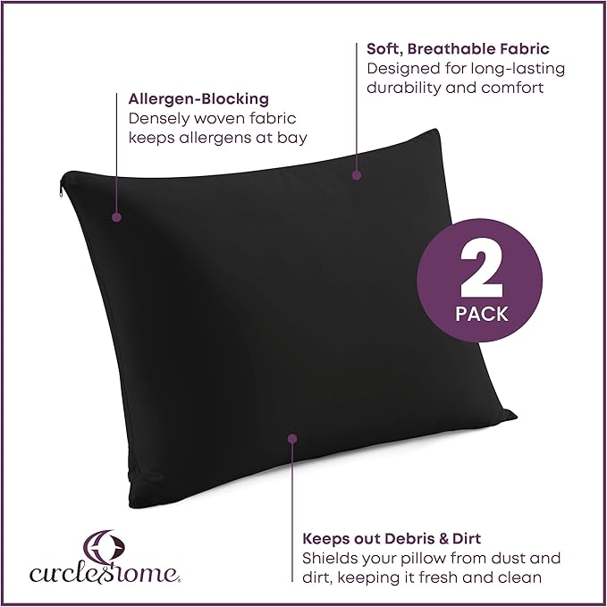 CirclesHome Pillow Protectors 2 Pack Queen Zippered - 100% Cotton Breathable Pillowcases - Protects Pillows from Dirt, Dust and Debris (Queen- Set of 2 - 20x30)