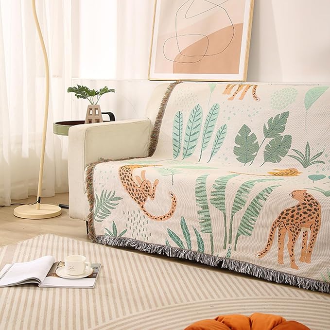 Double-Sided Cotton Woven Throw Blanket with Tassel Jungle Bohemian Style Tapestry Shawl Multi-Function Decorative Throws for Sofa Bed Armchair Camping Blanket Tablecloth Carpet 160x130cm