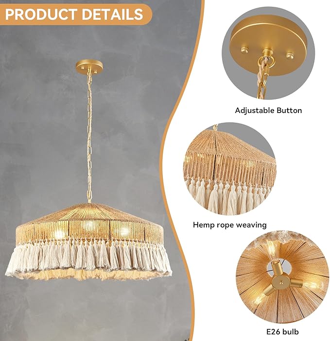 Large Woven 3-Lights Pendant Lights, Modern Boho Chandelier Handwoven Rattan Pendant Light Fixtures Farmhouse Ceiling Hanging Lamp for Kitchen Island,Dining Room, Bedroom, Entryway, Foyer