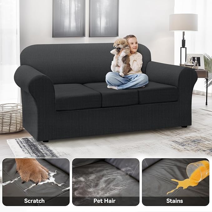 100% Waterproof Couch Cover 4-Piece Set Striped Sofa Slipcovers for 3 Cushion Couch Sofa Covers with TPU Leakproof Bottom Stretch Couch Protector Pet Proof - Sofa(3-Cushion), Dark Gray
