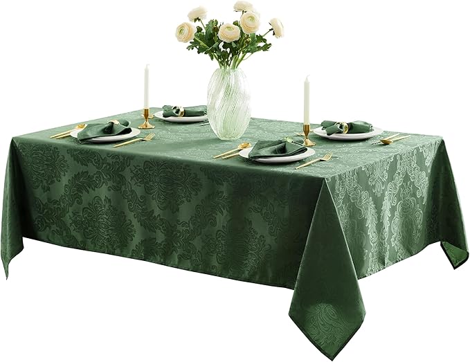 Newbridge Barcelona Damask Fabric Tablecloth, 60 x 84 Inch Rectangle, Hunter Green – No Iron, Soil Resistant Table Cover for Dining, Parties and Holidays