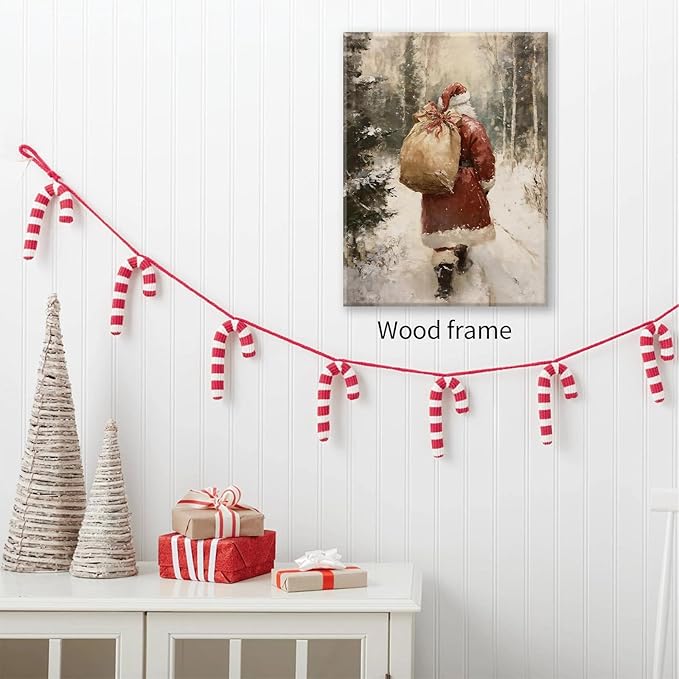 Santa Claus in Winter Forest Poster Vintage Christmas Holiday Canvas Wall Art 24x36 inch Framed Cozy Nature Christmas Tree Oil Painting Prints for Cottagecore Bedroom Wall Decor